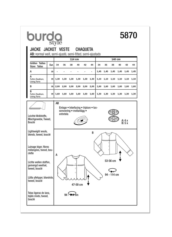Burda Style Misses' Jacket Sewing Pattern for Fashionistas B5870
