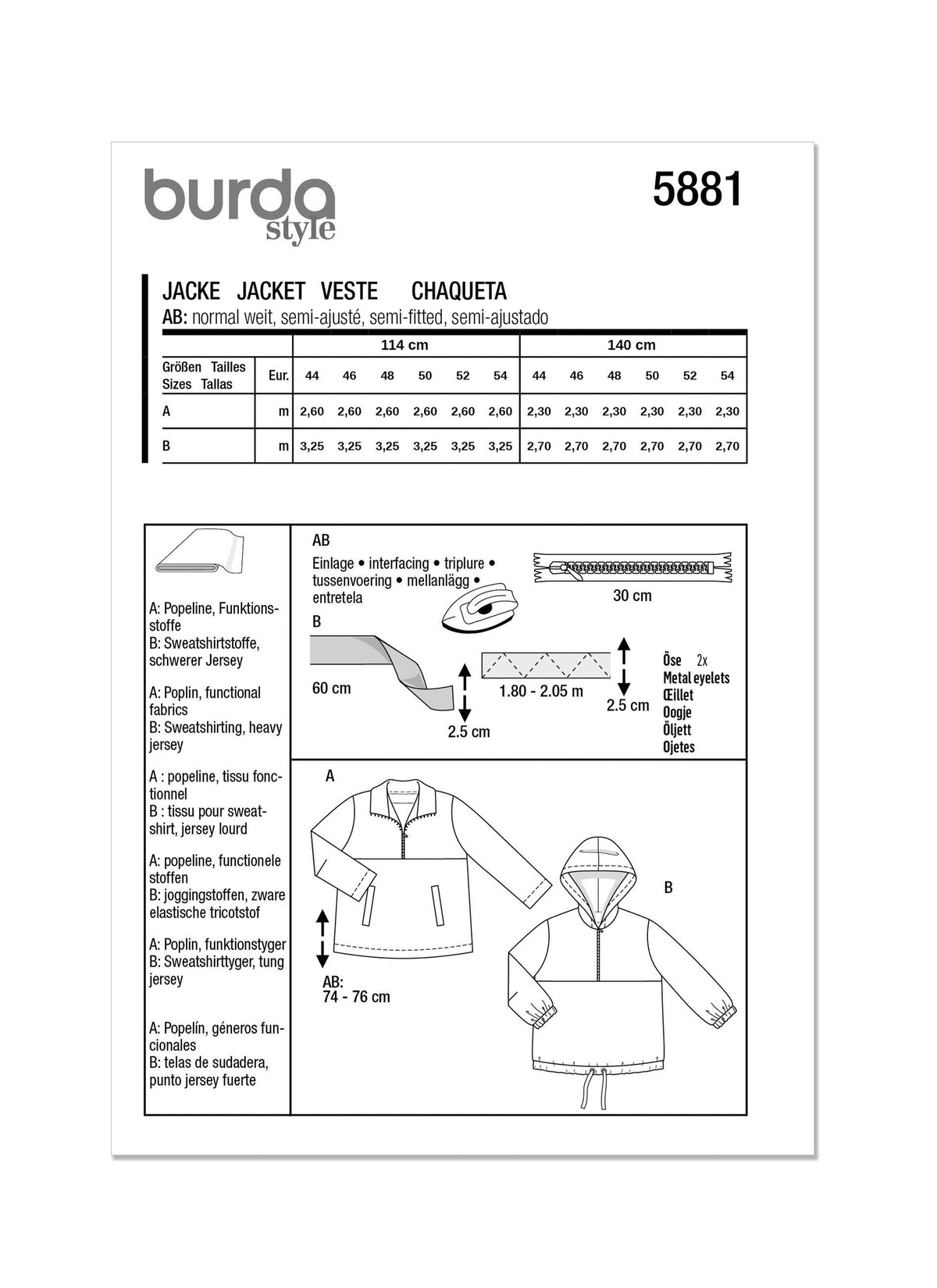 Burda Style Misses' Jacket Sewing Pattern for Fashionistas B5881