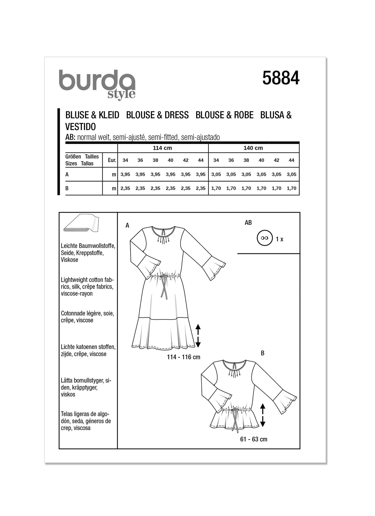 Burda Style Misses' Blouse & Dress Sewing Pattern B5884