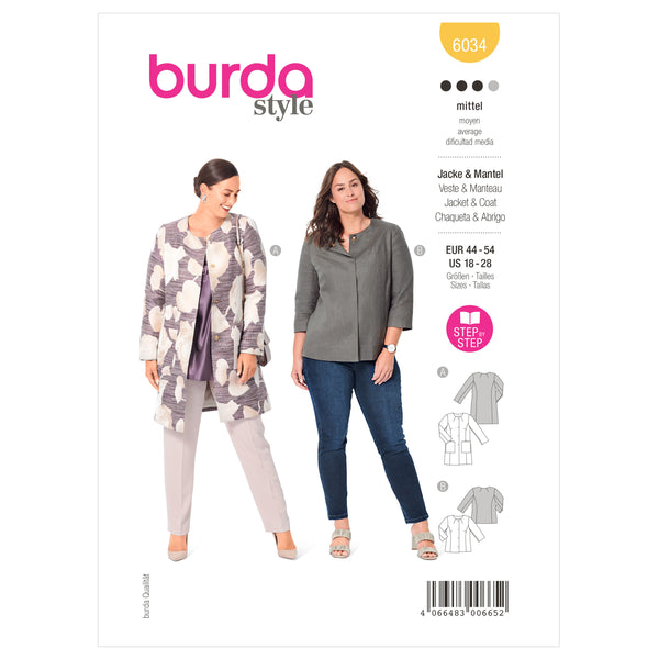 Burda Style Coat/Jacket Sewing Pattern for Fashion Enthusiasts B6034