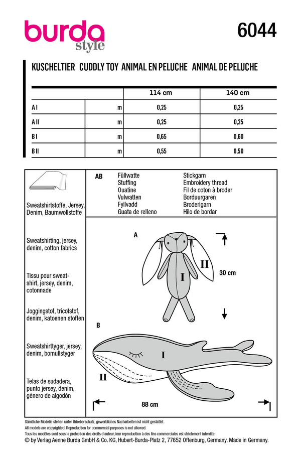 Burda Style Stuffed Animals Bunny & Whale Sewing Pattern B6044