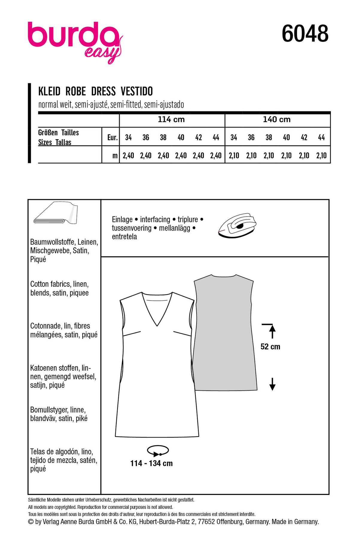 Burda Style Misses' Shift Dress with V-Neck Sewing Pattern B6048