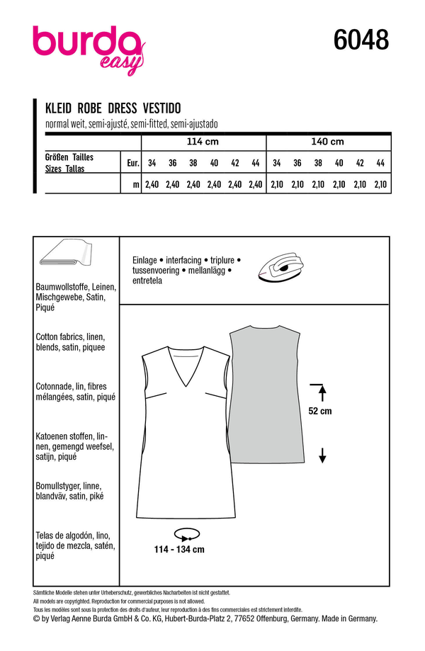 Burda Style Misses' Shift Dress with V-Neck Sewing Pattern B6048