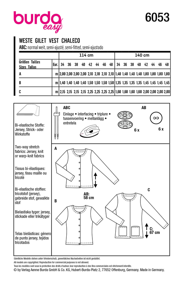 Burda Style Misses' Cardigan with Rounded Neckline Sewing Pattern B6053