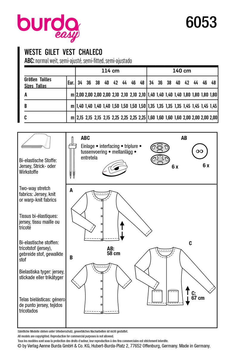 Burda Style Misses' Cardigan with Rounded Neckline Sewing Pattern B6053