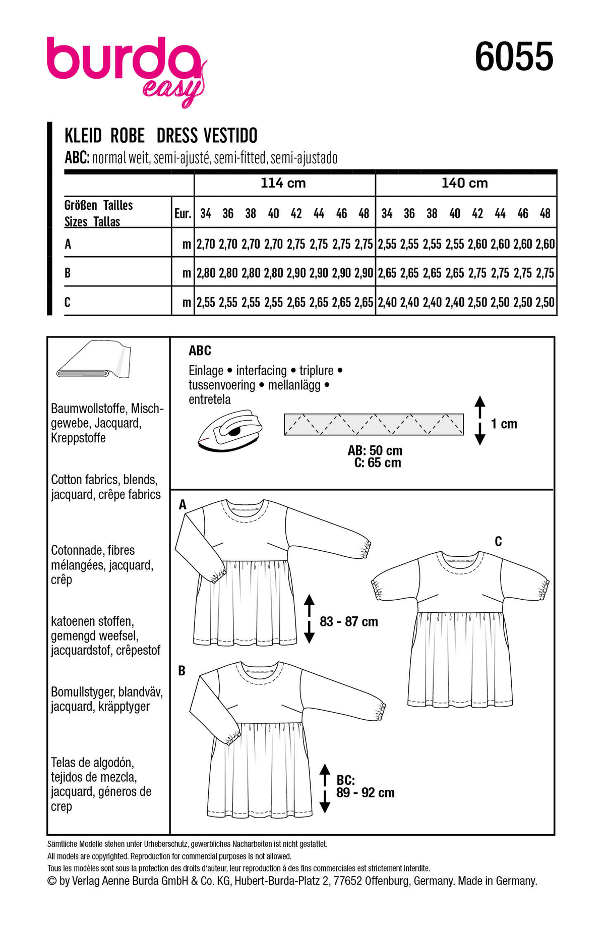 Burda Style Misses' Dress with Gathered Skirt Sewing Pattern B6055