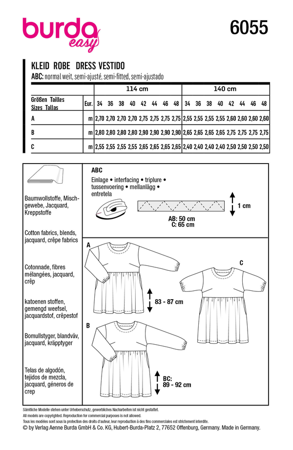 Burda Style Misses' Dress with Gathered Skirt Sewing Pattern B6055