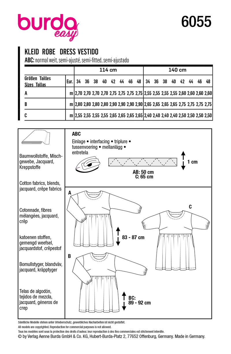 Burda Style Misses' Dress with Gathered Skirt Sewing Pattern B6055