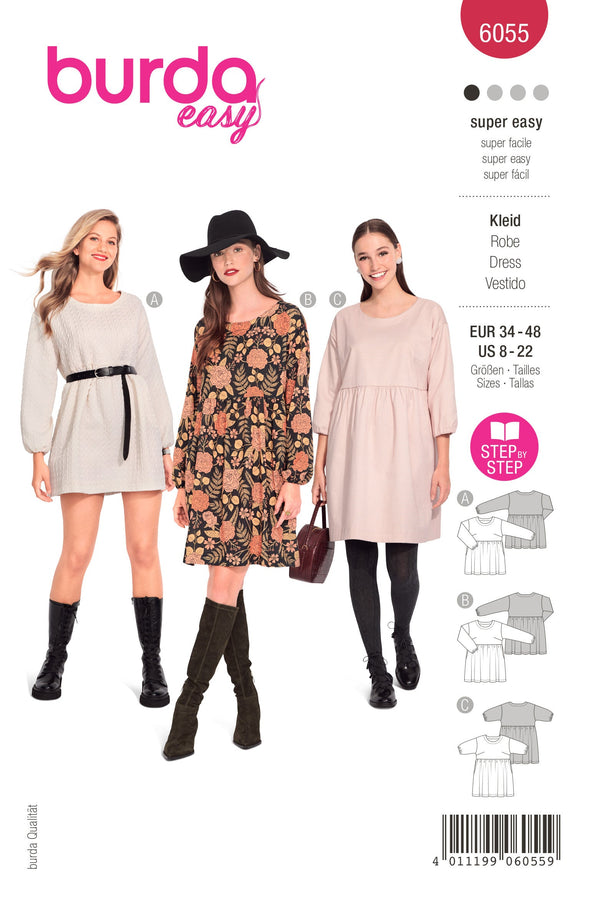 Burda Style Misses' Dress with Gathered Skirt Sewing Pattern B6055