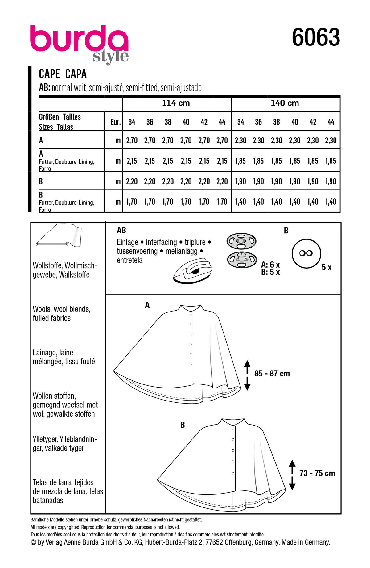 Burda Style Misses' Cape Sewing Pattern for Fashionistas B6063
