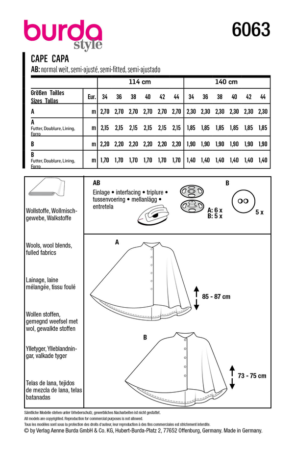 Burda Style Misses' Cape Sewing Pattern for Fashionistas B6063