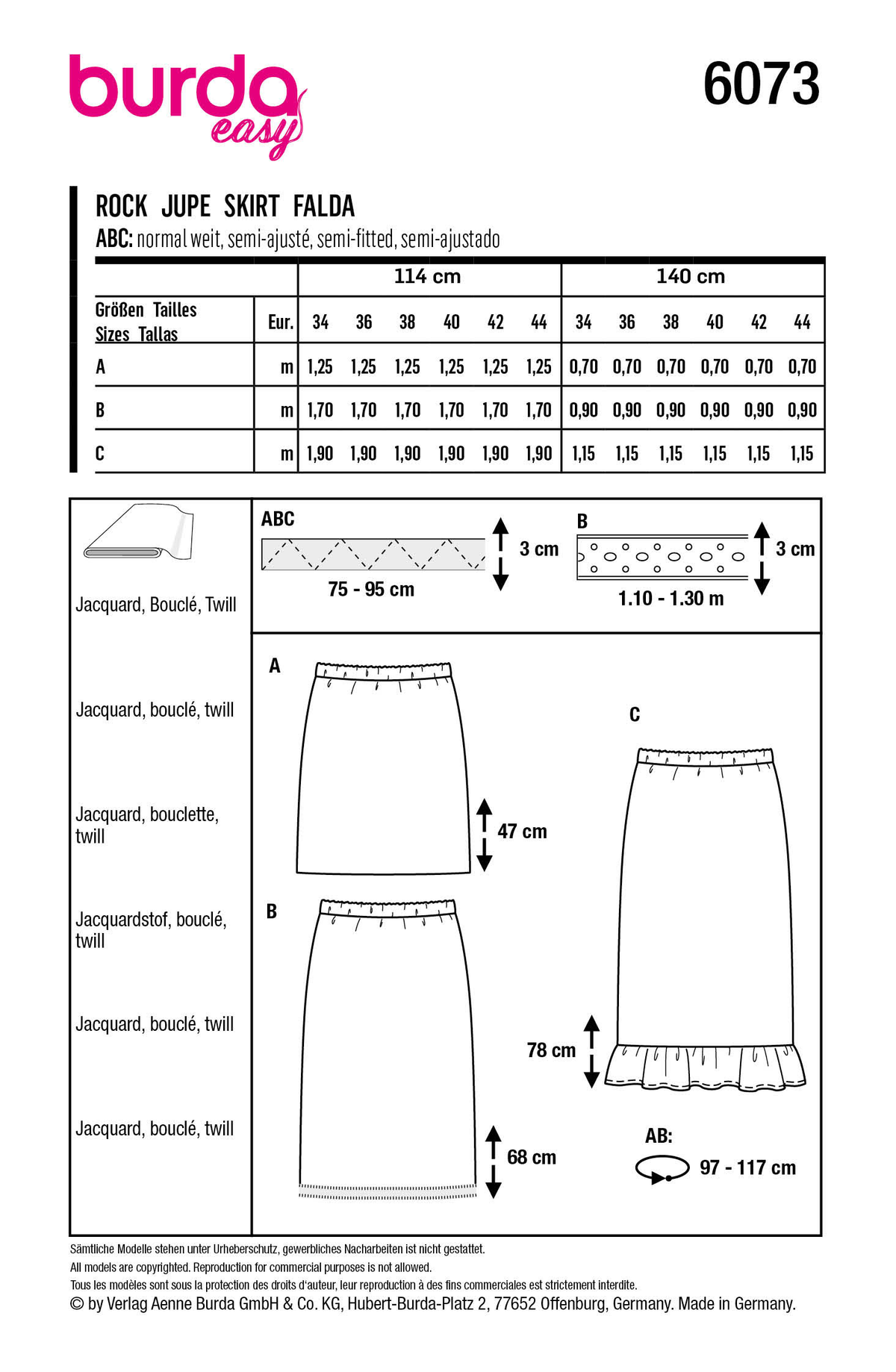 Burda Style Misses' Skirt with Elastic Sewing Pattern B6073