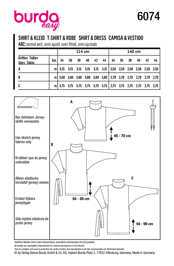 Burda Style Misses' Top & Dress with Roll Neck Sewing Pattern B6074