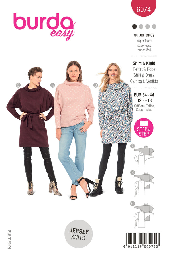 Burda Style Misses' Top & Dress with Roll Neck Sewing Pattern B6074