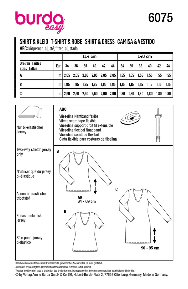 Burda Style Misses' Top & Dress – Slim V-Neck Sewing Pattern B6075