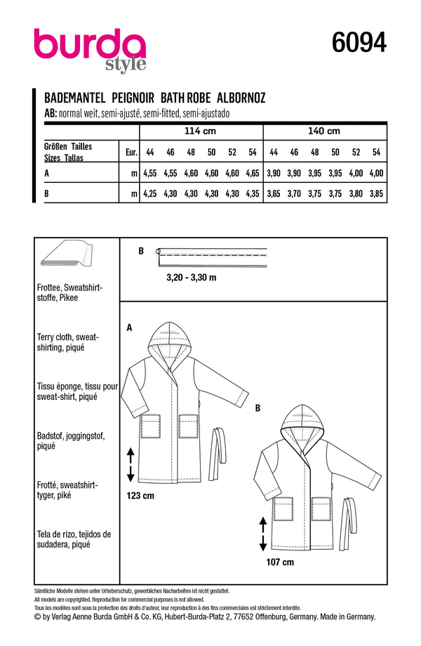Burda Style Misses' Bathrobe with Hood Sewing Pattern B6094