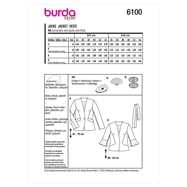 Burda Style Misses' Jacket Sewing Pattern for Fashionistas B6100