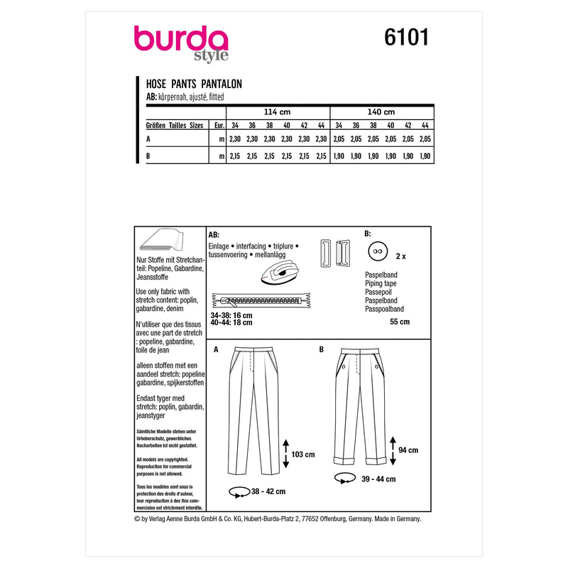 Burda Style Misses' Trousers and Pants Sewing Pattern B6101