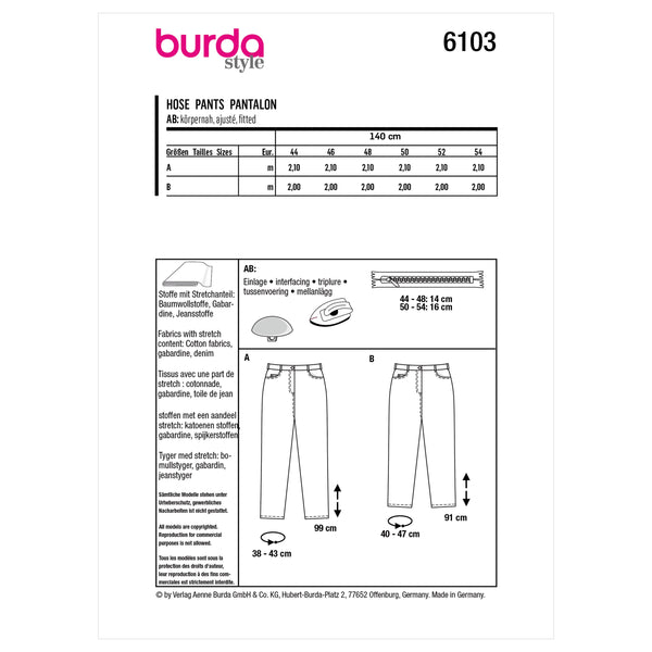 Burda Style Women's Trousers and Pants Sewing Pattern B6103