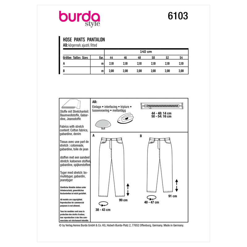 Burda Style Women's Trousers and Pants Sewing Pattern B6103