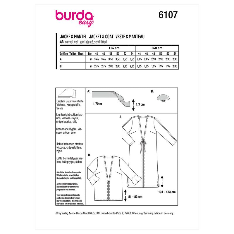 Burda Style Women's Blouson Jacket Sewing Pattern B6107