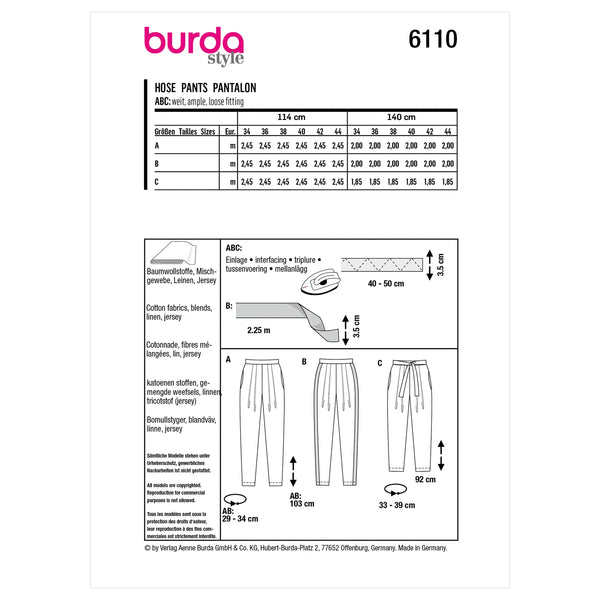 Burda Style Misses' Trousers and Pants Sewing Pattern B6110
