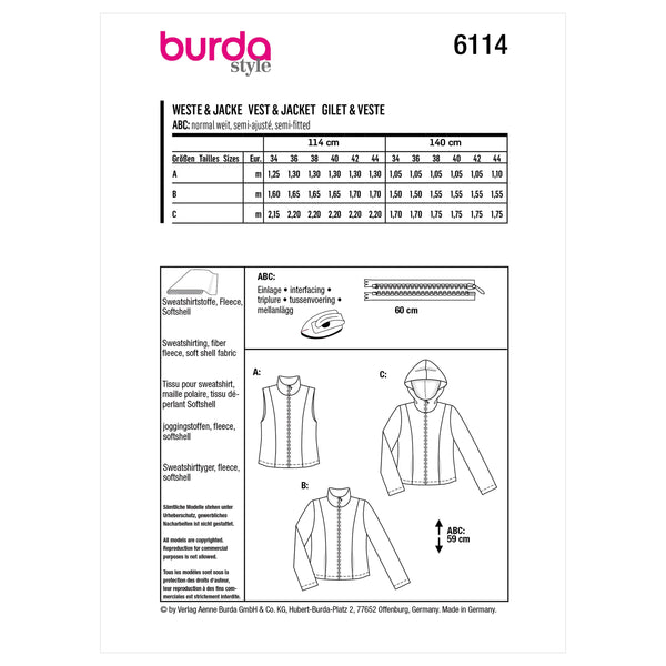 Burda Style Misses' Waistcoat, Vest, Jacket Sewing Pattern B6114