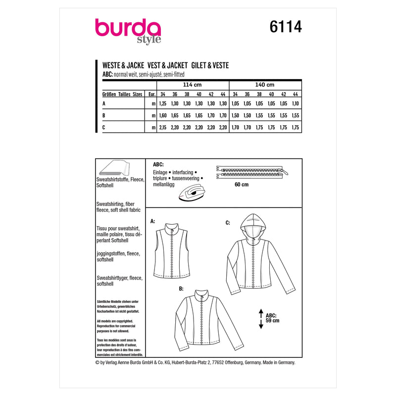 Burda Style Misses' Waistcoat, Vest, Jacket Sewing Pattern B6114