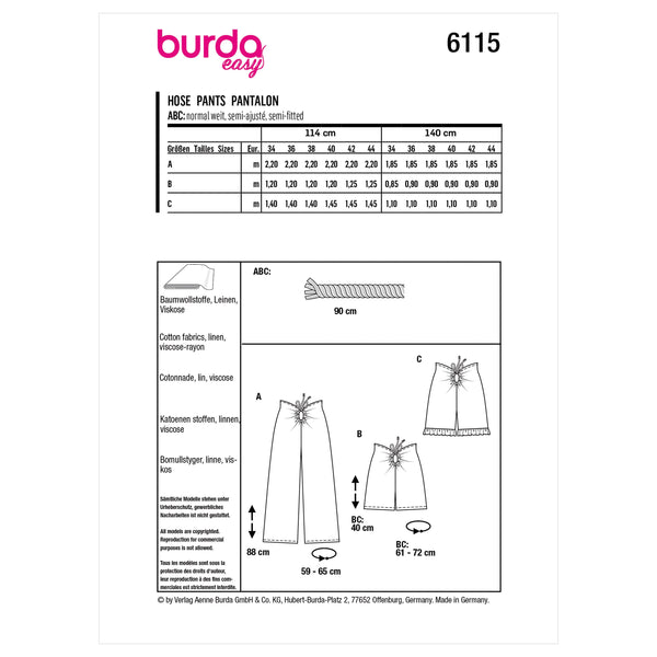 Burda Style Misses' Trousers and Pants Sewing Pattern B6115