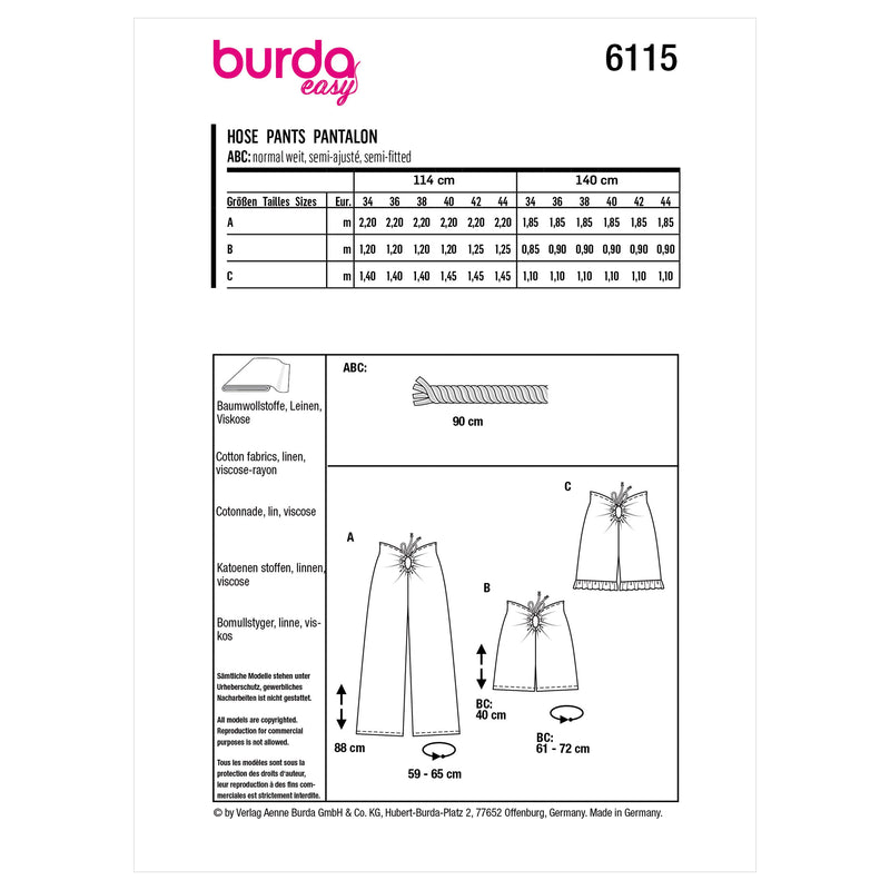 Burda Style Misses' Trousers and Pants Sewing Pattern B6115