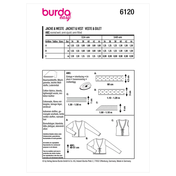 Burda Style Misses' Jacket and Vest Sewing Pattern B6120