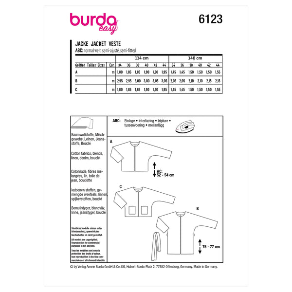 Burda Style Misses' Jacket Sewing Pattern for Fashionistas B6123