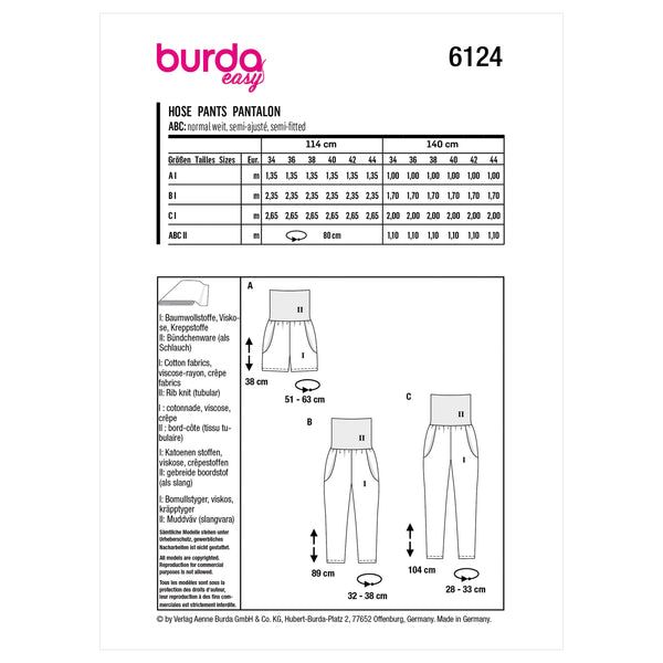 Burda Style Misses' Trousers and Pants Sewing Pattern B6124