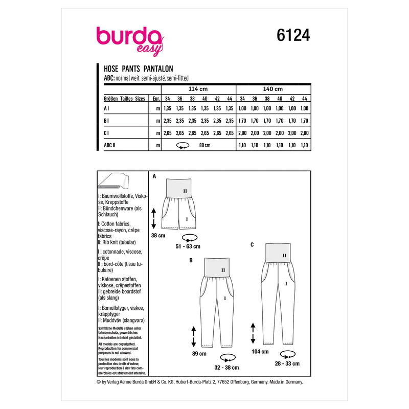 Burda Style Misses' Trousers and Pants Sewing Pattern B6124