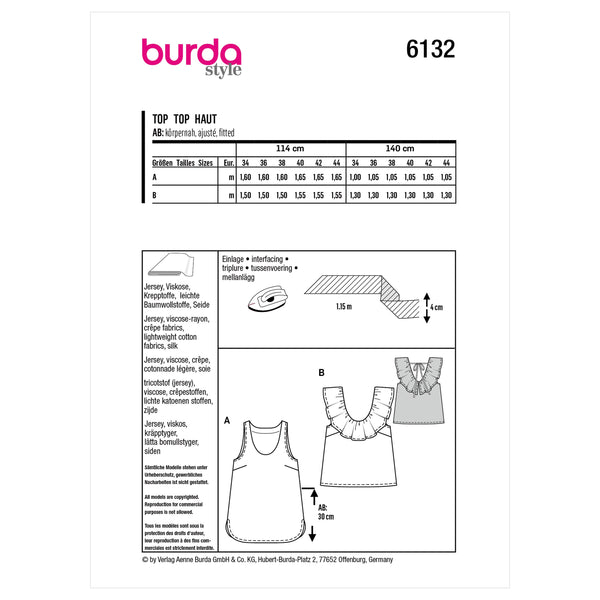 Burda Style Misses' Tank Top Sewing Pattern B6132