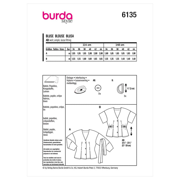 Burda Style Misses' Blouse Sewing Pattern for Fashionistas B6135