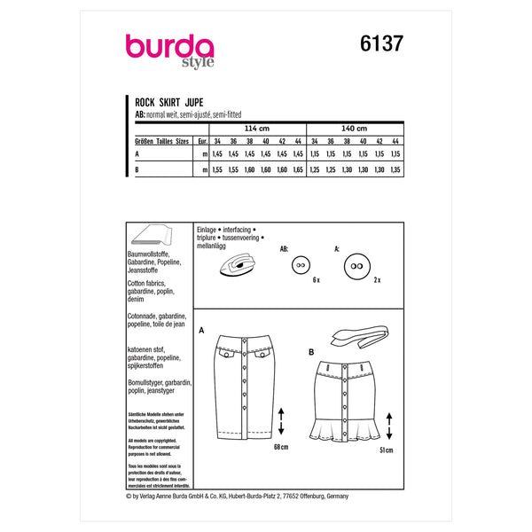 Burda Style Misses' Skirt Sewing Pattern for Fashionistas B6137