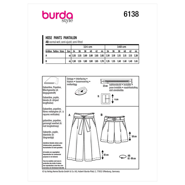 Burda Style Misses' Culottes, Trousers, Pants Sewing Pattern B6138
