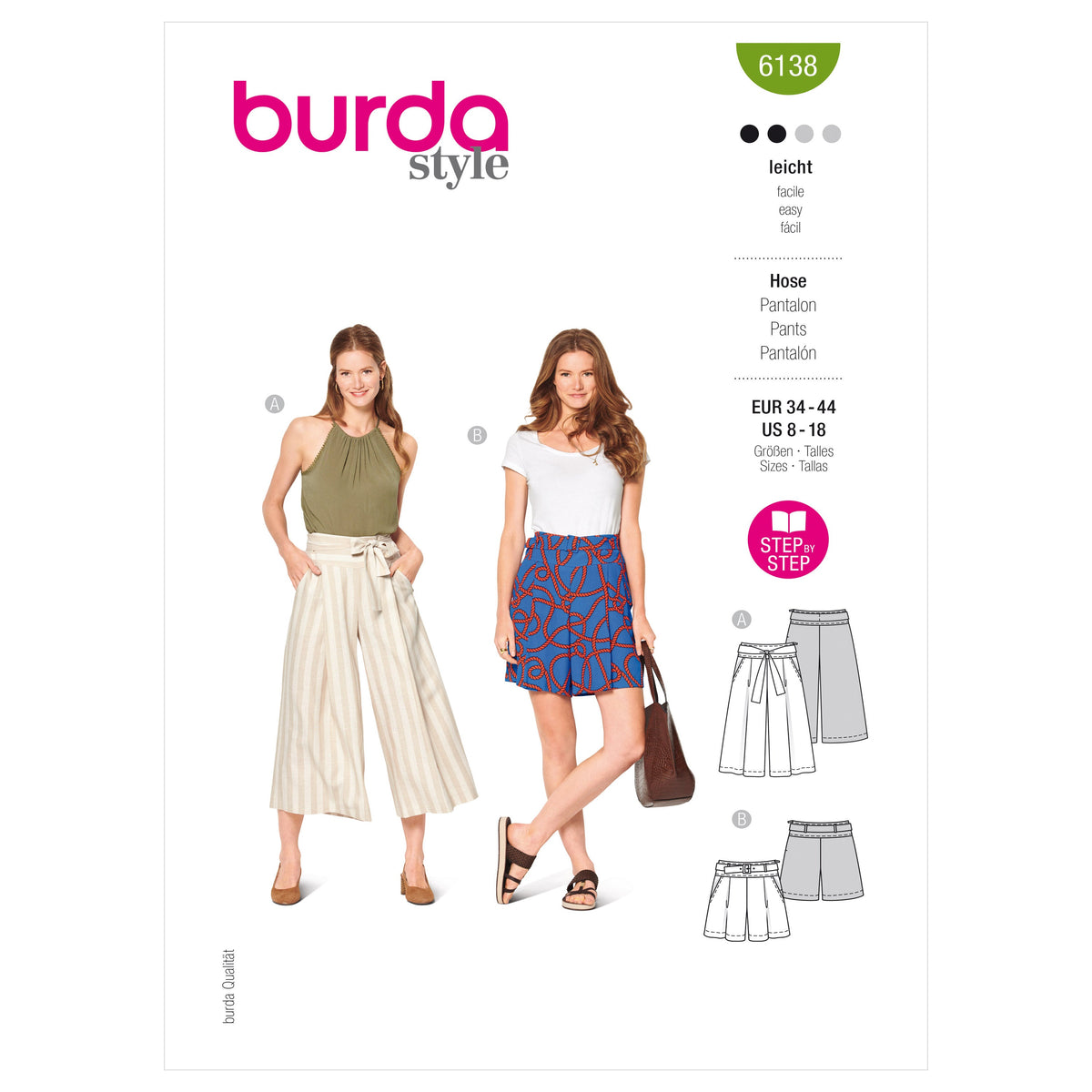 Burda Style Misses' Culottes, Trousers, Pants Sewing Pattern B6138