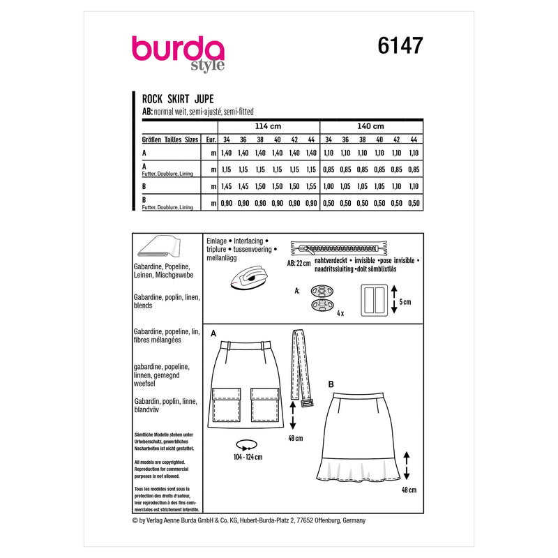 Burda Style Misses' Skirt Sewing Pattern for Fashionistas B6147