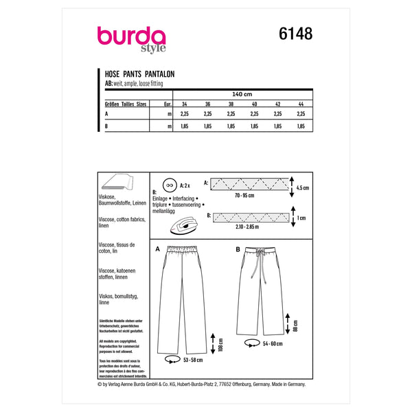 Burda Style Misses' Trousers and Pants Sewing Pattern B6148