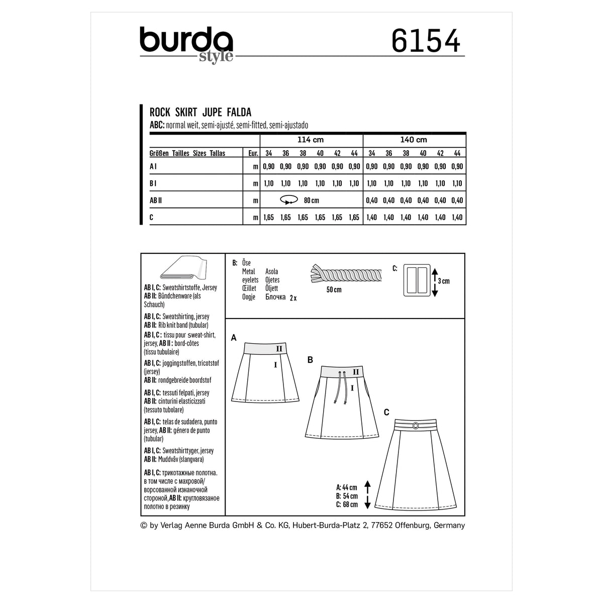 Burda Style Misses' Skirt with Stretch Waistband Sewing Pattern B6154