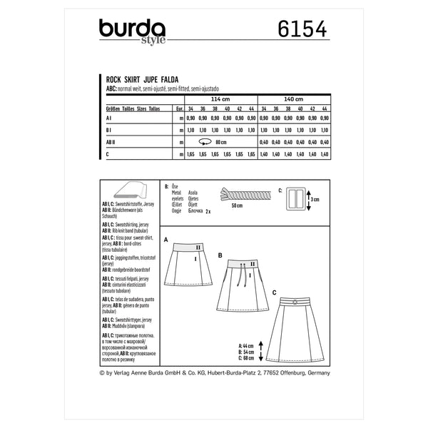Burda Style Misses' Skirt with Stretch Waistband Sewing Pattern B6154