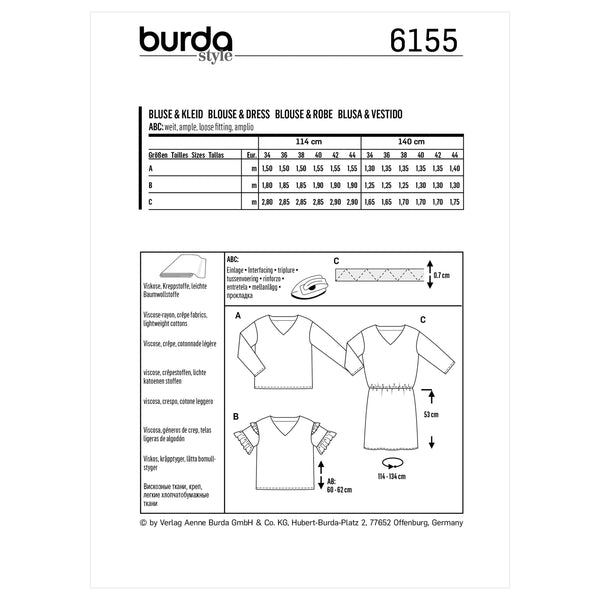 Burda Style Misses' Blouse & Dress V-Neckline Sewing Pattern B6155