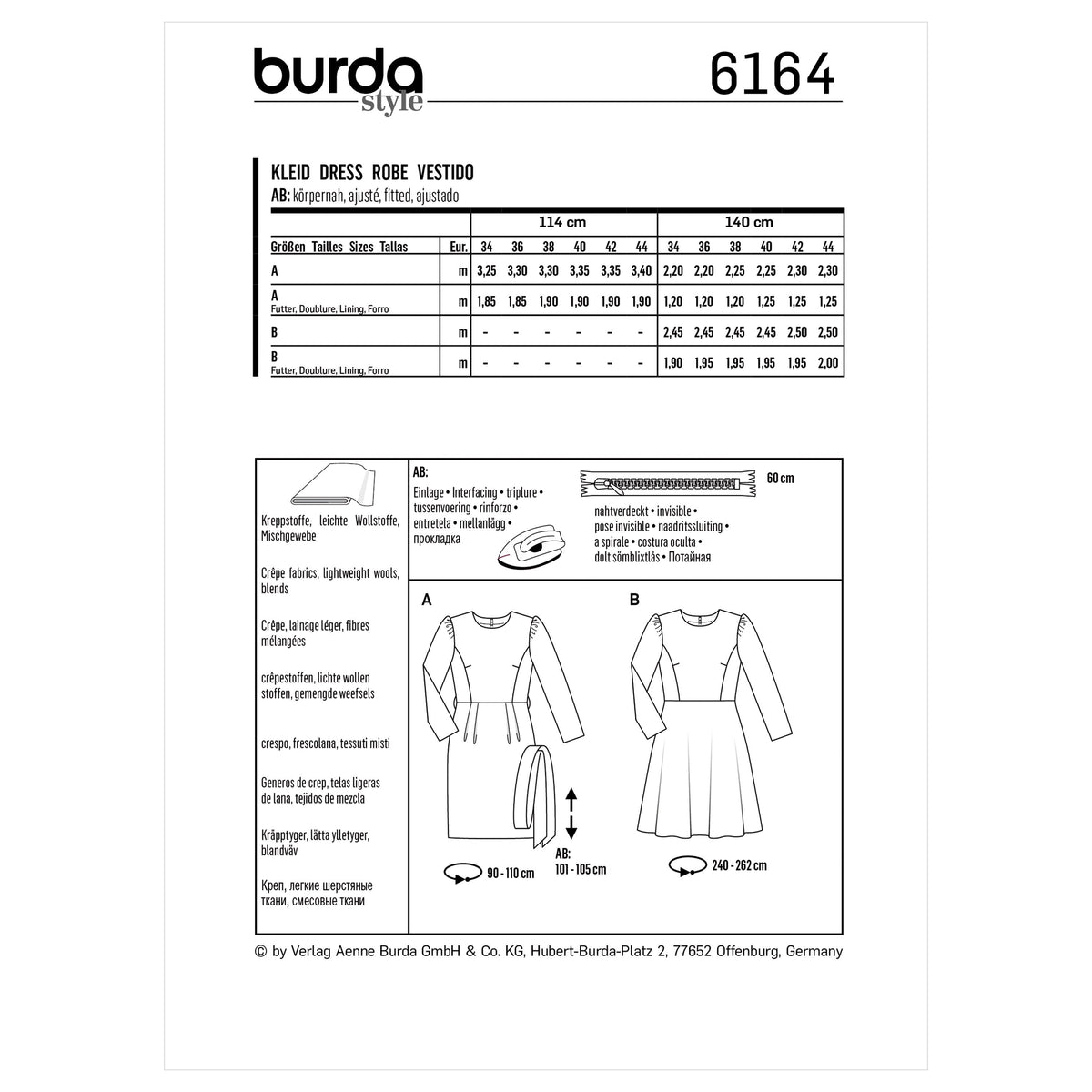 Burda Style Misses' Dress with Vent or Flared Skirt Sewing Pattern B6164