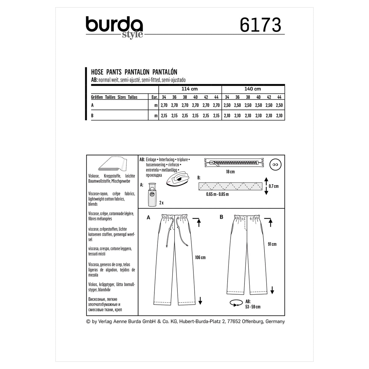 Burda Style Misses' Pants with Drawstring Sewing Pattern B6173