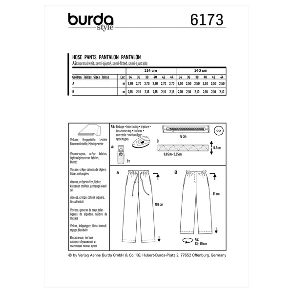 Burda Style Misses' Pants with Drawstring Sewing Pattern B6173
