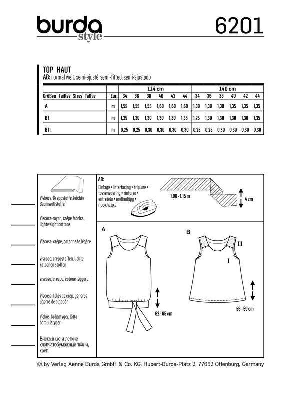 Burda Style Misses Top/Vest Sewing Pattern for Stylish Creations B6201