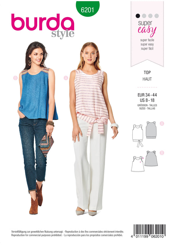 Burda Style Misses Top/Vest Sewing Pattern for Stylish Creations B6201