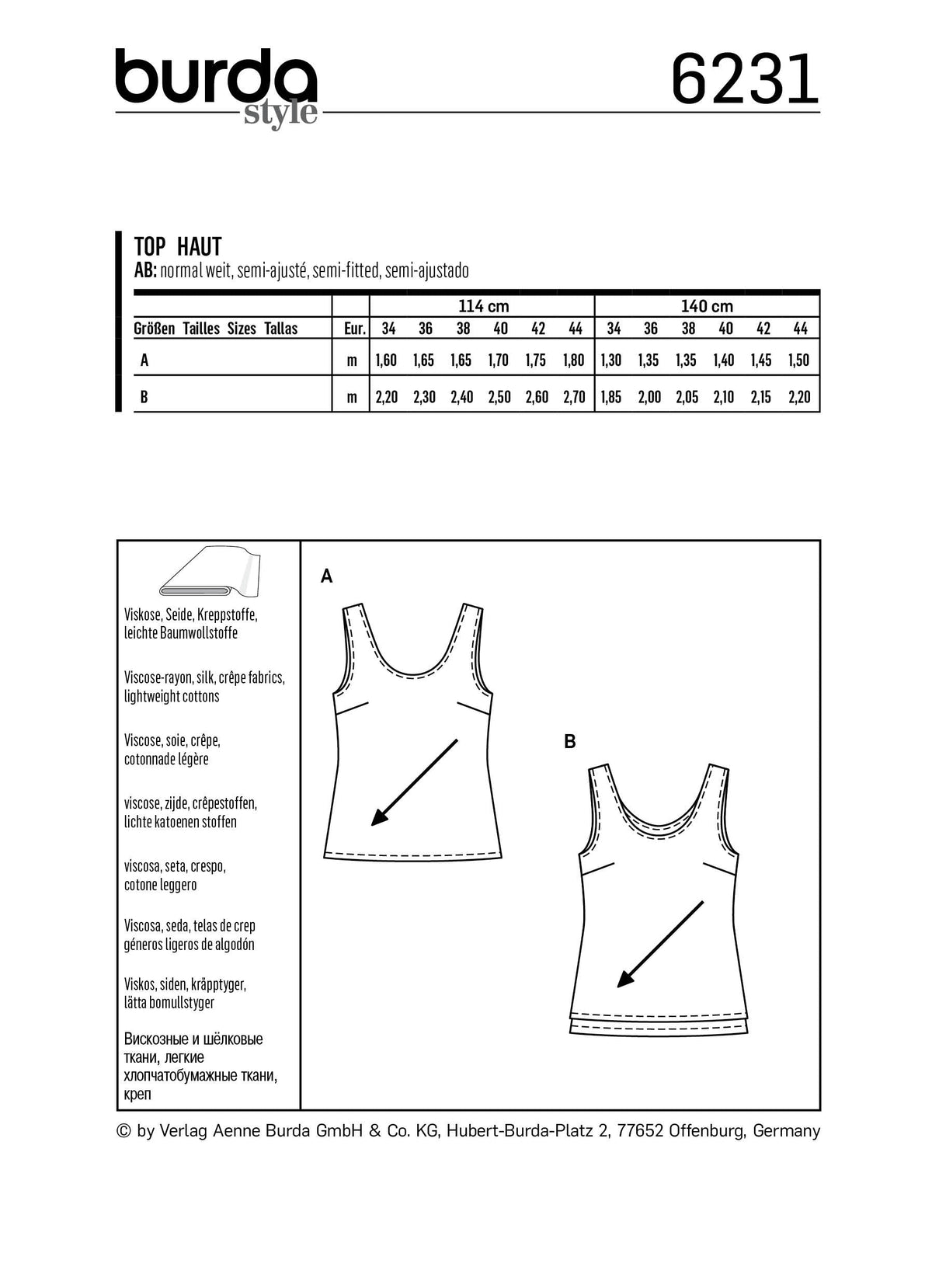 Burda Style Misses Top/Vest Sewing Pattern for Stylish Creations B6231